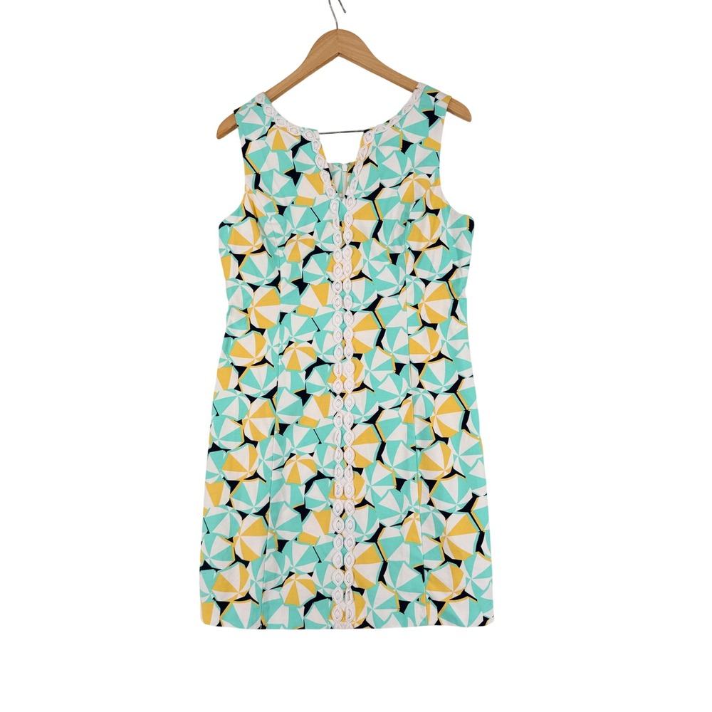 Crown & Ivy Geometric Umbrella Print Shift Dress Mint Yellow White Lace Size 12